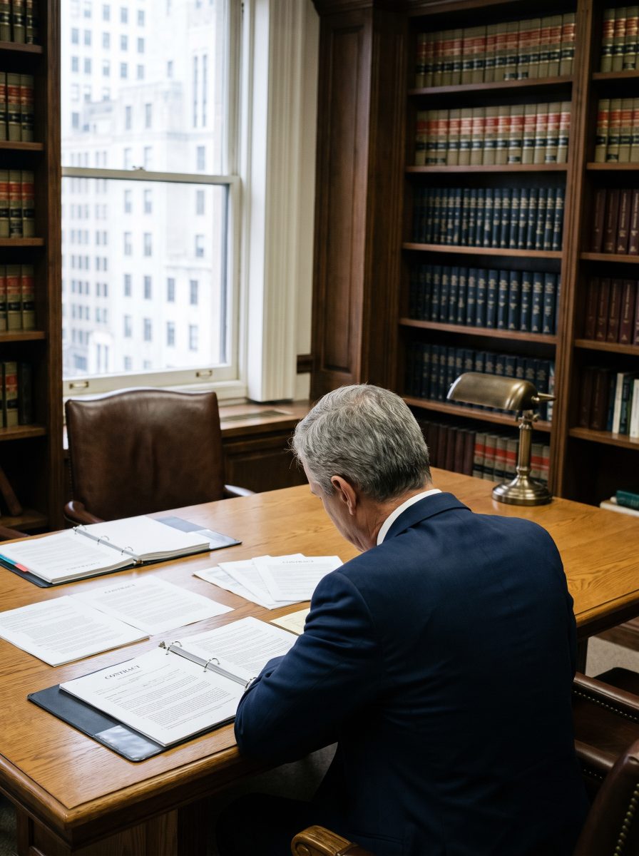 Abogado o asesor legal revisando documentos y contratos en una oficina profesional.