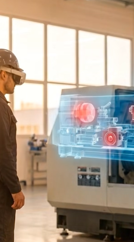 Trabajador utilizando realidad aumentada para capacitación en seguridad y salud en el trabajo, con elementos digitales superpuestos al entorno real.